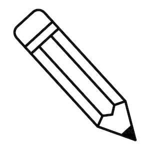 Può includere: Illustrazione in bianco e nero di una matita. La matita ha una gomma rettangolare a un'estremità e una punta affilata all'altra. Il corpo della matita ha una forma esagonale.