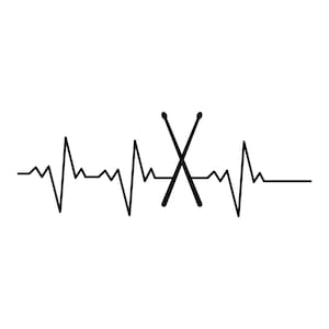 May include: A black and white illustration of a heartbeat with a pair of drumsticks crossed in the center.