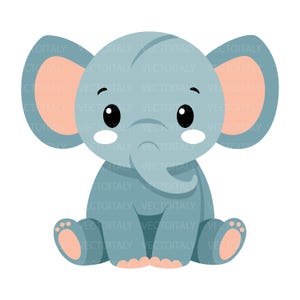 May include: A cartoon illustration of a baby elephant in a sitting position. The elephant is light blue with large ears and pink inner ears. It has big black eyes, a small trunk, and pink feet. The image has a white background.