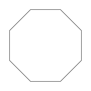 Può includere: Un contorno nero di un ottagono su sfondo bianco. La figura geometrica ha otto lati e otto angoli, con ogni lato che è una linea retta.