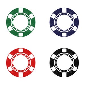 May include: Four casino poker chips in green, blue, red, and black. Each chip has a white center and a white outer ring with a repeating design. The chips are round and have a simple, clean design.