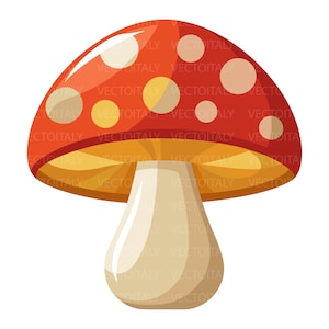 Può includere: Un'illustrazione stilizzata di un fungo con un cappello rosso vibrante decorato con molteplici macchie circolari di colore chiaro. La parte inferiore del cappello è di una calda tonalità giallo-arancio e il gambo è liscio, color beige chiaro.