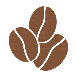 Könnte beinhalten: Grafische Darstellung von drei braunen Kaffeebohnen mit weißen Akzenten. Die Bohnen sind in einer Gruppe angeordnet und haben eine glatte, abgerundete Form. Der Hintergrund ist weiß.