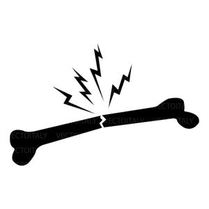 May include: A black and white illustration of a broken bone with lightning bolts emanating from the fracture. The bone is a simple, stylized representation, with a clear break in the middle. The lightning bolts add a dynamic element.