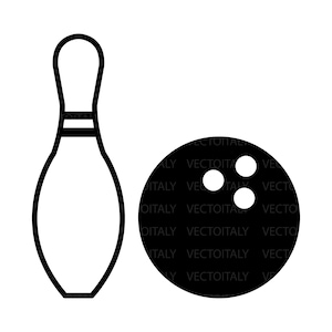 May include: Black and white illustration of a bowling pin and bowling ball. The bowling ball has three holes.