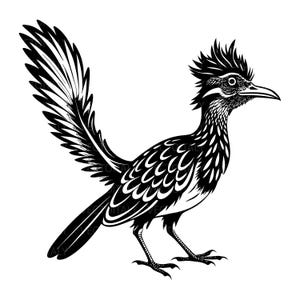 May include: A monochrome illustration of a roadrunner bird. The bird is shown in profile, with detailed feathers and a distinctive crest. The roadrunner has a long tail and a sharp beak, set against a white backdrop.