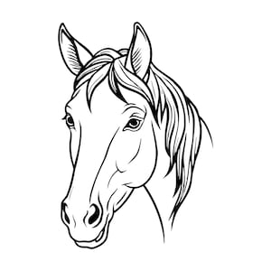 以下が含まれることがあります： 馬の頭の白黒線画。馬は横顔で描かれており、頭はわずかに傾いています。たてがみと前髪は、流れるような詳細な線で表現されています。