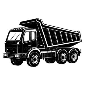 Può includere: Illustrazione in bianco e nero di un autocarro con cassone ribaltabile. Il camion ha un grande cassone per il trasporto di materiali, una cabina dettagliata con finestre e più ruote. Grafica vettoriale.