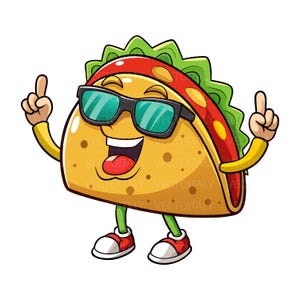 Può includere: Un personaggio taco in stile cartone animato con un volto sorridente, occhiali da sole scuri e una fascia rossa. Il taco ha la pelle gialla con macchie marroni, lattuga verde, braccia e gambe gialle, indossa scarpe da ginnastica bianche e rosse.