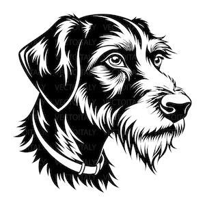 Può includere: Illustrazione in bianco e nero della testa di un cane di profilo. Il cane ha un lungo muso, una barba e un collare. L'immagine è una grafica vettoriale, con linee nitide e una rappresentazione dettagliata del pelo del cane.
