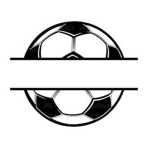 May include: Black and white split monogram design featuring a soccer ball. The soccer ball is split in half horizontally with a blank space in the middle for a name or initials.