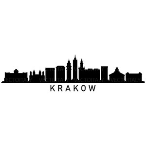 Könnte beinhalten: Schwarz-weiße Silhouette der Skyline von Krakau mit dem Text "KRAKOW" darunter.