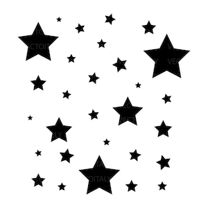 Può includere: Un motivo di forme di stelle nere di diverse dimensioni su sfondo bianco. Le stelle variano di dimensione, creando un design dinamico. L'immagine ha un'estetica pulita e minimalista, adatta a varie applicazioni.