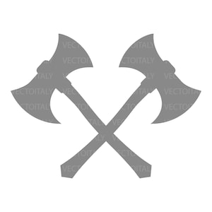 May include: A gray illustration of two crossed axes. The axes are depicted in a simple, flat design, with the blades facing outwards. The image is set against a white background.