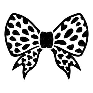 Puede incluir: Una ilustración gráfica en blanco y negro de un lazo con un patrón repetitivo de formas de lágrima negras en los bucles principales y un patrón de pequeños corazones negros en las dos cintas que cuelgan hacia abajo.