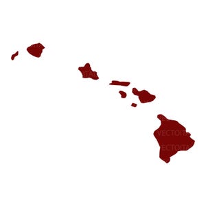 Puede incluir: Ilustración de color granate de las islas hawaianas sobre un fondo blanco. La imagen muestra el contorno de las islas, con cada isla claramente definida. El diseño es simple y gráfico.