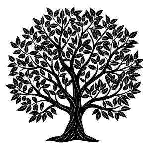 Può includere: Illustrazione in bianco e nero di un albero con una chioma folta. Il tronco e i rami scuri contrastano con lo sfondo bianco. Le foglie sono dettagliate, creando un aspetto denso e strutturato.