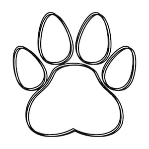 Pode incluir: Ilustração em preto e branco de uma pegada de pata. O design apresenta um contorno detalhado de uma pata, com cinco dedos e uma almofada maior. As linhas são grossas e o estilo geral é simples e gráfico.