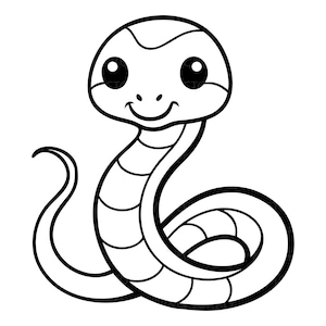 Puede incluir: Una ilustración de arte lineal en blanco y negro de una serpiente de dibujos animados con cabeza redondeada, ojos circulares grandes y una boca pequeña sonriente. El cuerpo de la serpiente está enroscado con marcas segmentadas en el cuello.