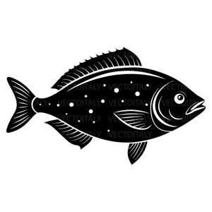 May include: A monochrome illustration of a fish. The fish features detailed fins, tail, and scales. White dots are scattered across the body. The fish is facing right with its mouth slightly open.