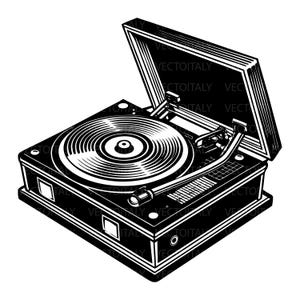 May include: A black and white illustration of a vintage record player with the lid open. The turntable is visible with a record on it.