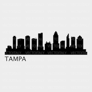 May include: Black and white silhouette of the Tampa, Florida skyline. The skyline features several tall buildings, including the iconic Tampa Bay Lightning hockey team's Amalie Arena.