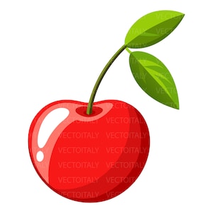 May include: A bright red cherry illustration featuring a smooth, glossy surface with a prominent white highlight. A thin brown stem extends upward, attached to two vibrant green leaves with visible veins, rendered in a clean, flat graphic style.