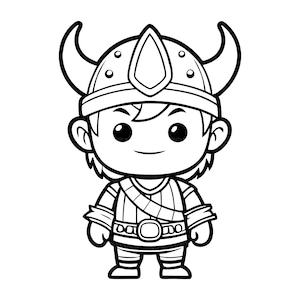 May include: A black and white line art illustration of a cartoon character wearing a horned helmet. The character has large eyes, a small smile, and is dressed in a tunic with a belt and a diagonal strap across the chest, rendered in a clean style.