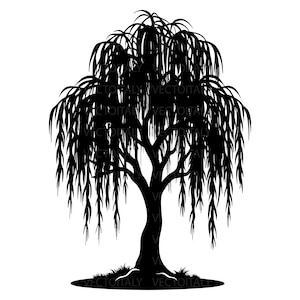 May include: A black silhouette of a weeping willow tree against a white background. The tree has a thick trunk, many branches, and long, drooping leaves. The tree is rooted in a patch of grass.