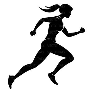 May include: A black silhouette of a person running, with one arm bent and the other extended. The person is wearing athletic attire and has their hair pulled back in a ponytail. The image is set against a white background.