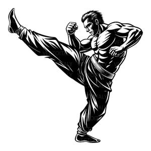 May include: Black and white illustration of a martial artist in a dynamic pose, executing a high kick. The figure is muscular, wearing loose pants, and has a focused expression. The artwork is a vector graphic, suitable for various applications.