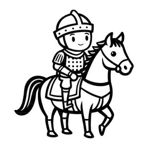 Può includere: Un'illustrazione in bianco e nero a tratto di un cavaliere dei cartoni animati che indossa un elmo e un'armatura, a cavallo. Il cavaliere ha un'espressione facciale semplice e amichevole ed è posizionato sul dorso del cavallo rivolto verso destra.