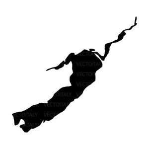 May include: A black silhouette of a geographical shape, possibly a lake or coastline, against a white background. The shape is elongated and irregular, with text that reads "VECTOITALY" in a vertical arrangement.