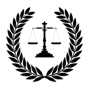 May include: A black and white illustration of a balance scale, a symbol of justice, centered within a laurel wreath. The design is a silhouette, with the scales and wreath in solid black against a white background.