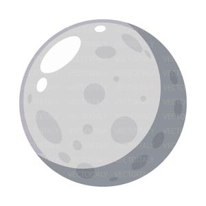 May include: A cartoon illustration of a gray moon with craters and a bright white highlight. The moon is a full circle, with a darker gray crescent on the right side. The moon has several craters of varying sizes.