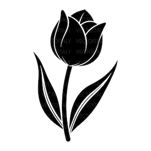 Può includere: Silhouette nera e bianca di un fiore di tulipano. L'immagine presenta un'illustrazione dettagliata di un tulipano con stelo e foglie. Il testo "ITALY VECTOITALY" è ripetuto sullo sfondo.