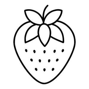 Può includere: Un disegno a tratto nero e bianco di una fragola. La fragola è delineata con una spessa linea nera, con una forma a cuore. La parte superiore della fragola ha un gambo e foglie verdi. Piccoli punti neri sono sparsi sulla superficie.
