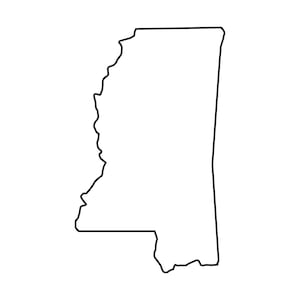 May include: Outline of the state of Mississippi, a US state, in black on a white background.