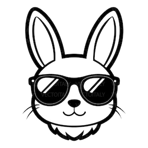 Può includere: Illustrazione in bianco e nero di un coniglio con occhiali da sole. Il coniglio ha lunghe orecchie, un naso piccolo e baffi. Gli occhiali da sole sono rettangolari e hanno lenti riflettenti. La parola "VECTOITALY" è stampata sugli occhiali.