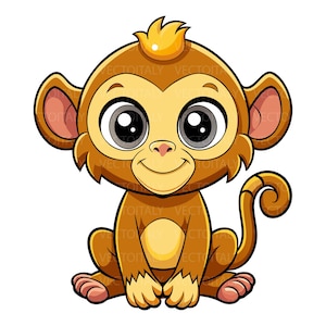 Può includere: Illustrazione di un cartone animato di una scimmia carina con grandi occhi espressivi e un sorriso allegro. La scimmia è raffigurata in tonalità marroni e beige, con un ciuffo di capelli gialli e una coda arricciata. Sfondo bianco.