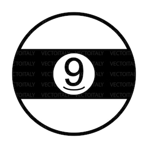 May include: A white and black graphic of a nine-ball. The number 9 is in white, centered on a black horizontal stripe. The ball is round with a black outline and white top and bottom sections.
