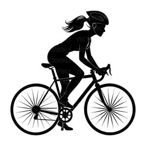 Può includere: Una silhouette nera di una persona in sella a una bici da corsa. La figura indossa un casco ed è in una postura inclinata in avanti mentre impugna il manubrio da corsa. La bicicletta presenta ruote sottili con raggi e un telaio.