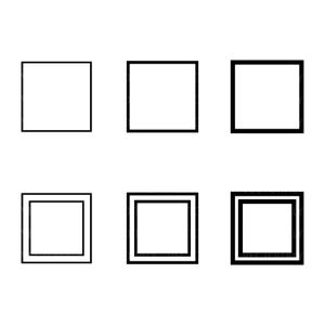 Può includere: Sei quadrati con contorno nero disposti in due file da tre. I quadrati variano nello spessore del contorno nero, alcuni hanno una singola linea e altri linee doppie, creando una progressione visiva.