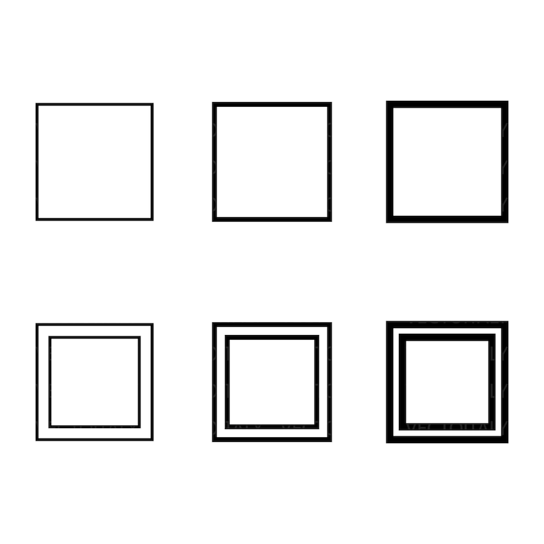 May include: Six black-outlined squares arranged in two rows of three. The squares vary in thickness of the black outline, with some having a single line and others having double lines, creating a visual progression.