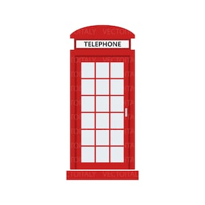 May include: A red telephone booth with a white sign that says "TELEPHONE".
