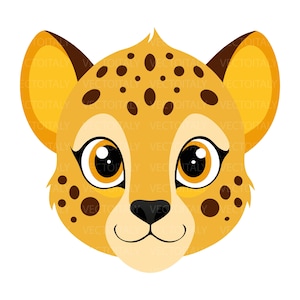 May include: A stylized graphic illustration of a cheetah cub head featuring a golden yellow face with dark brown spots, large expressive amber eyes, pointed ears with dark brown tips, and a small black nose, set against a plain white background.