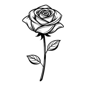 Op de afbeelding: Een zwart-witte lijntekening van een roos in volle bloei. De roos heeft gedetailleerde bloemblaadjes en is bevestigd aan een stengel met twee bladeren. De afbeelding is een eenvoudige, elegante illustratie.