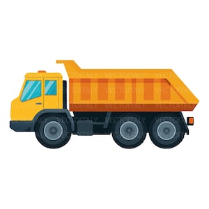 Può includere: Un camion con cassone ribaltabile giallo con un grande cassone arancione, ruote grigio scuro e finestrini azzurri. Il veicolo presenta una vista laterale con una cabina prominente e un telaio robusto, in uno stile piatto con linee pulite.