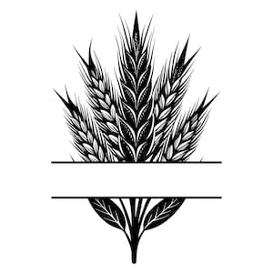 Può includere: Illustrazione in bianco e nero di spighe di grano, con trame dettagliate e punte affilate. Il design include una barra orizzontale per il posizionamento del testo e un elemento foglia stilizzato in basso. Adatto a varie applicazioni di design.