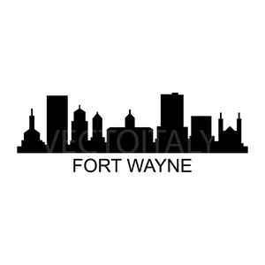 May include: Black and white silhouette of the Fort Wayne, Indiana skyline. The skyline features several buildings, including a tall skyscraper in the center.